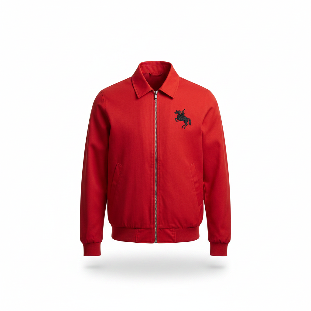 Ghost mannequin view of the red zip-up harrington jacket