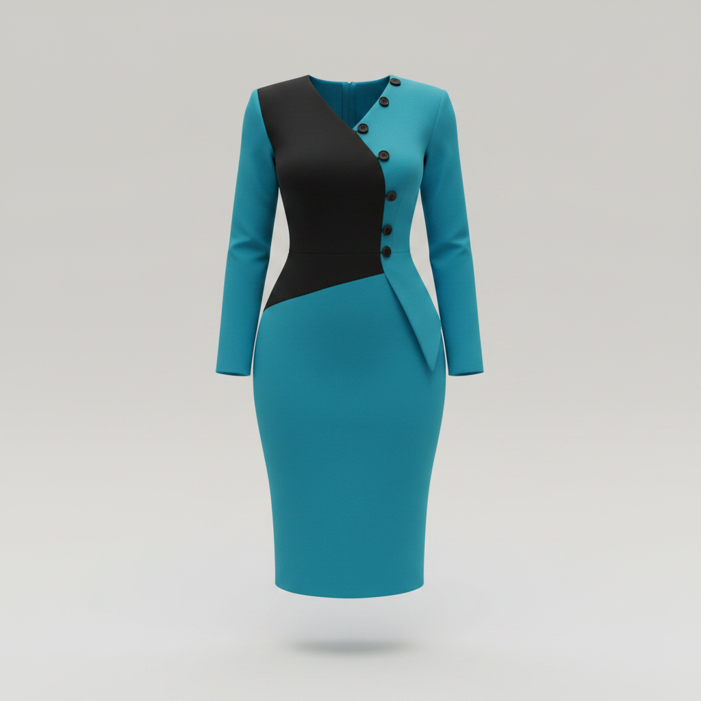 Ghost mannequin view of the teal and black women’s gown with button detail