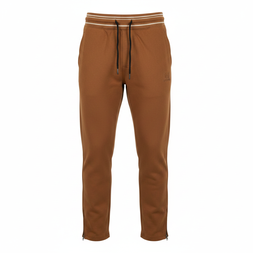 Men's caramel brown ribbed waistband jogger pants ghost mannequin front view white background