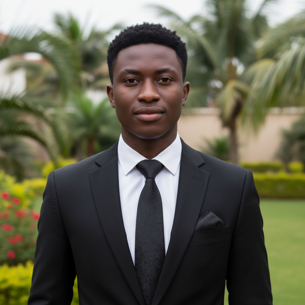 Nigerian male model wearing black tonal micro-texture woven necktie and pocket square with white shirt and black suit