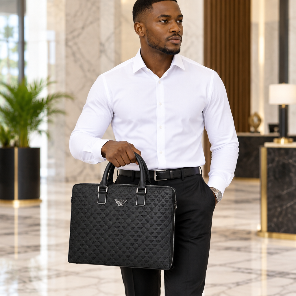 Black Embossed Monogram Leather Executive Briefcase – Model Shot