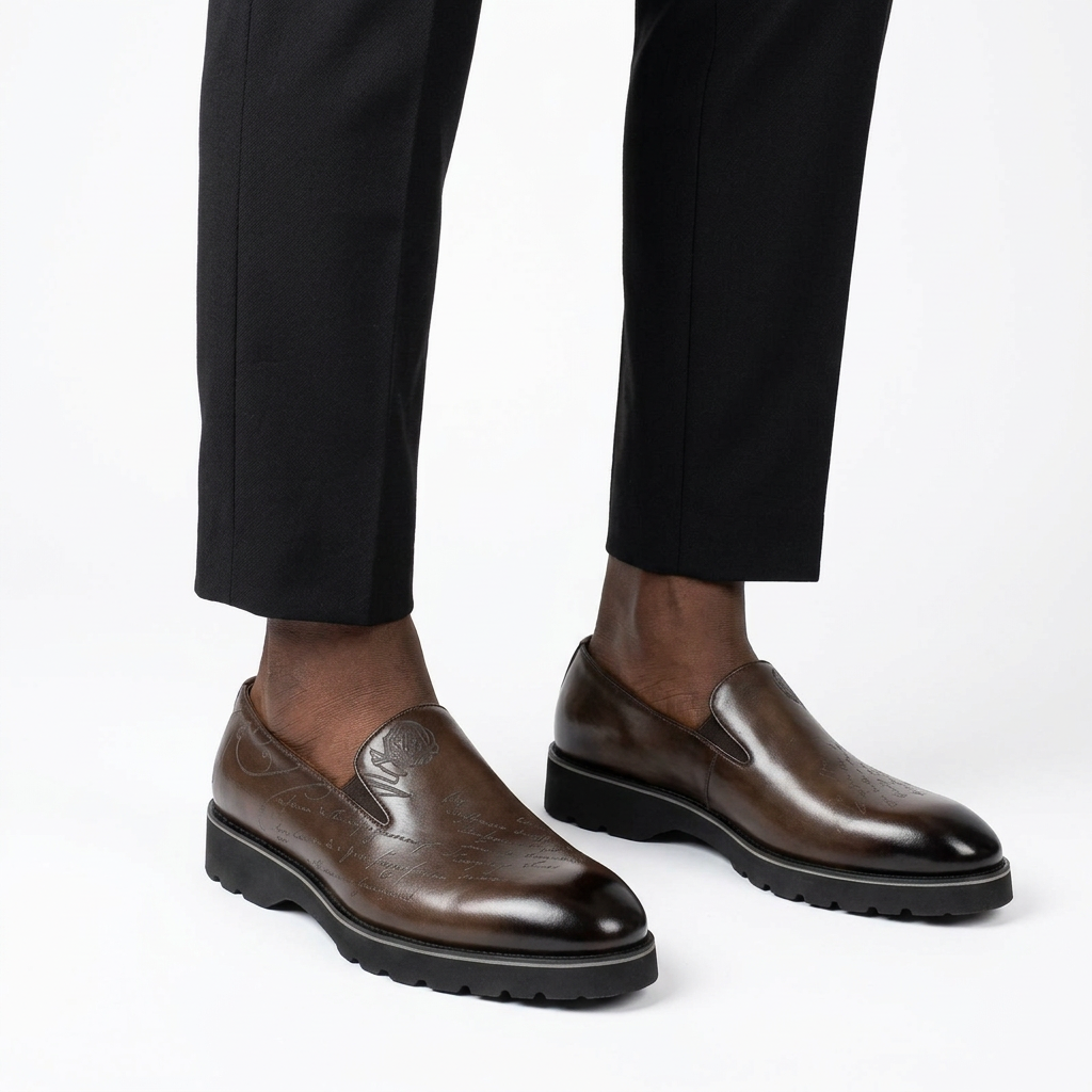 Brown burnished-toe script-detail slip-on shoes properly worn on both feet