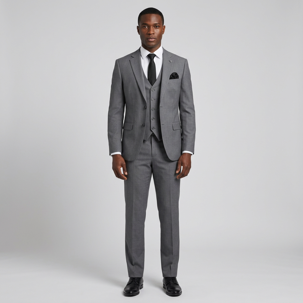 Full-body Black adult model wearing a grey three-piece suit