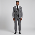 Full-body Black adult model wearing a grey three-piece suit