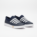Men's navy blue three-stripe slip-on sneakers with gold heel badge pair product shot