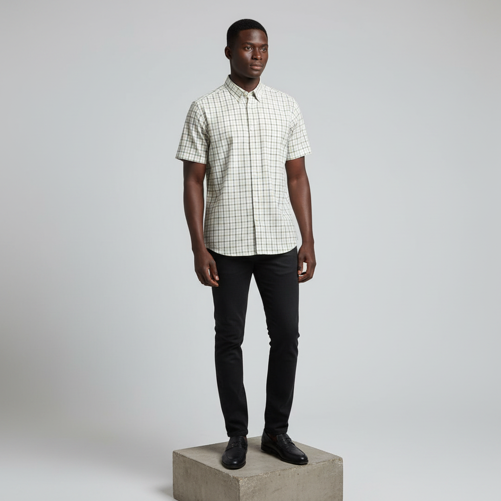 Nigerian male model wearing cream olive windowpane check short-sleeved shirt