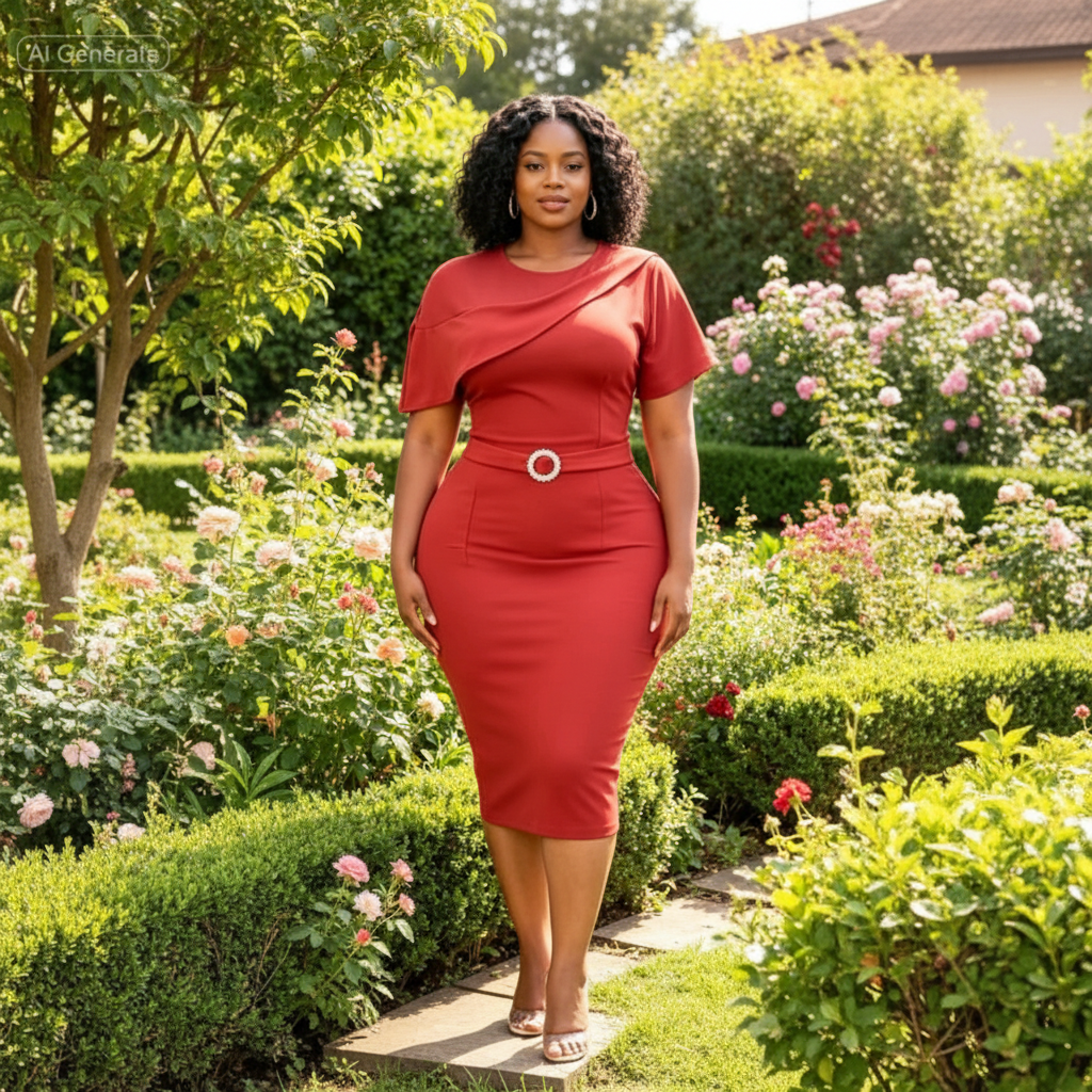 Women's Red Asymmetric Draped Belted Bodycon Midi Dress – Nigerian Female Model Shot