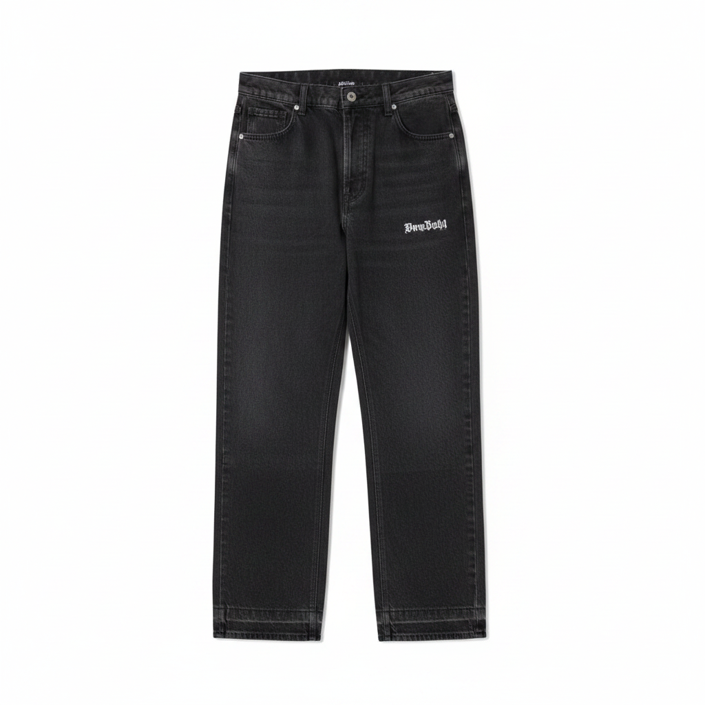 Men's dark charcoal baggy straight-leg gothic embroidery panel seam denim jeans ghost mannequin front view