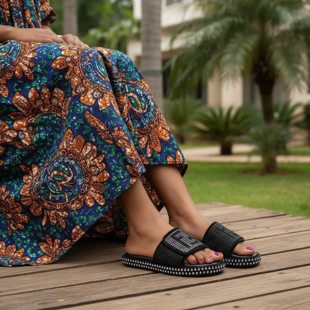 Nigerian female model both feet wearing black scattered crystal slide slippers on platform, bubu gown, painted toenails
