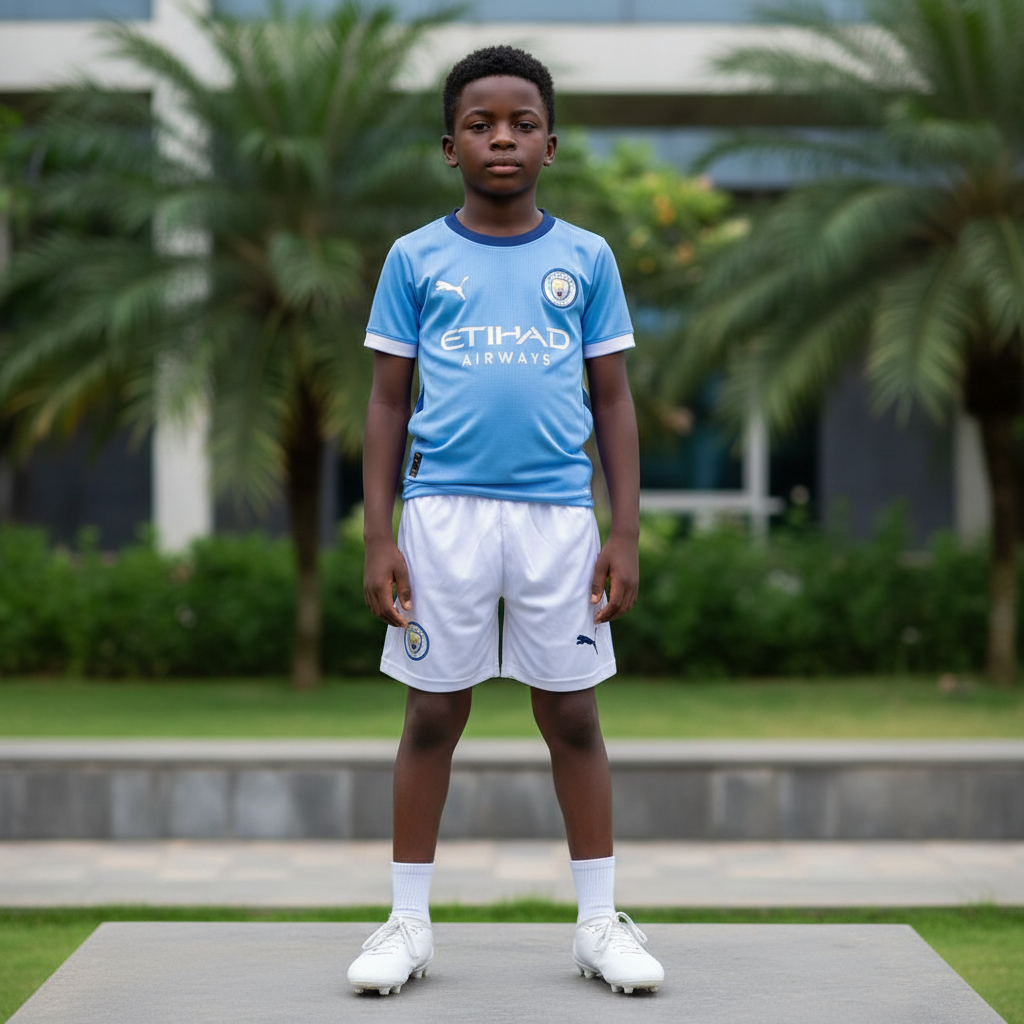 Nigerian child model wearing sky blue football jersey set with white football boots
