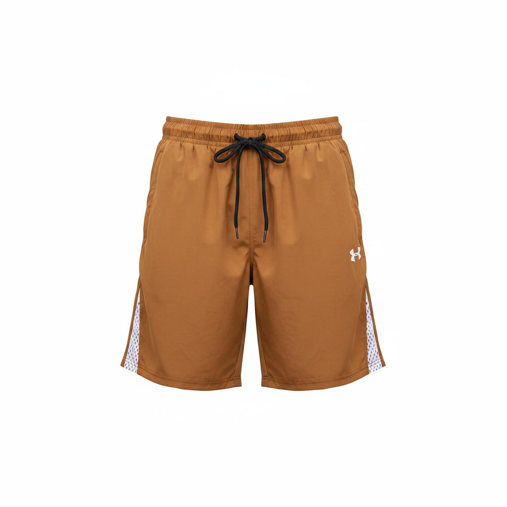 Brown premium sport shorts ghost mannequin view