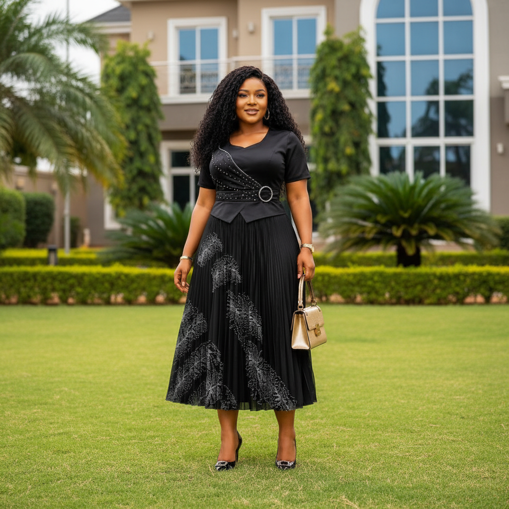 Nigerian female model wearing Women's Black Rhinestone Peplum Top & Printed Pleated Midi Skirt Set