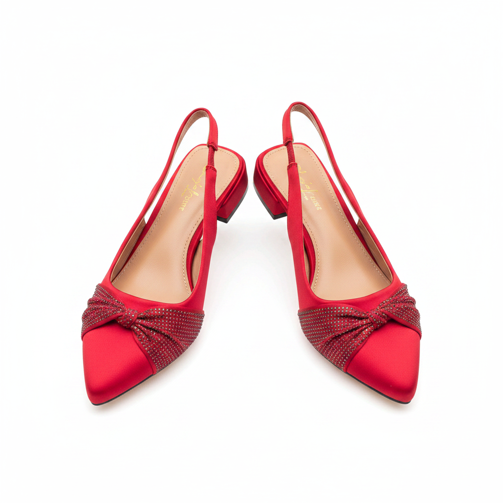 Women's red fuchsia crystal bow pointed-toe slingback block heel sandal — ghost mannequin pair view