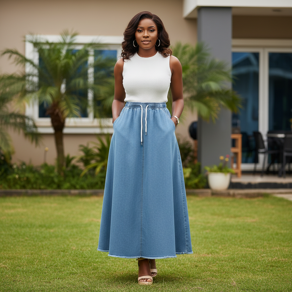 Nigerian female model wearing women's light blue denim drawstring maxi skirt