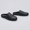 Men's black fringe kiltie backless mule slippers, front and side view