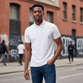 Young Nigerian male model wearing a white micro print polo shirt