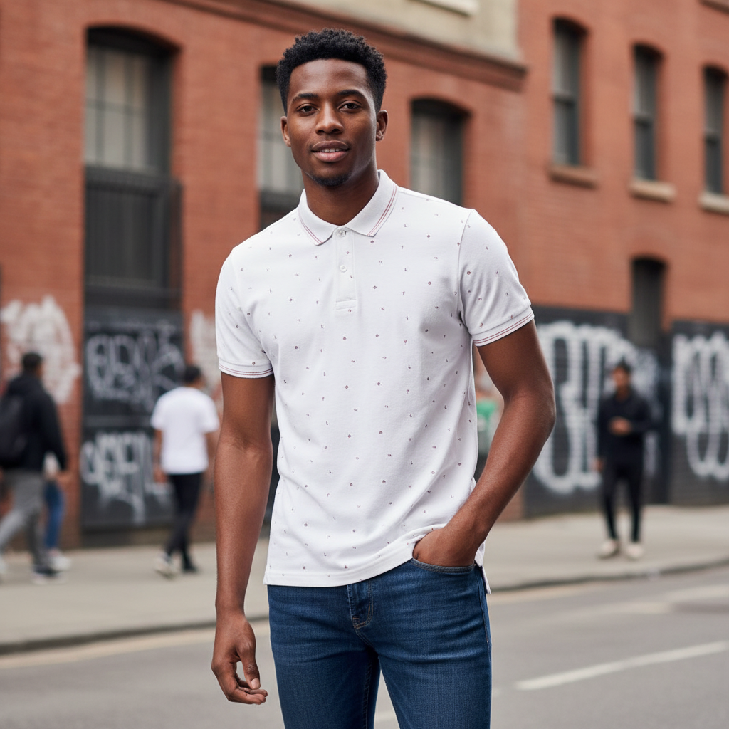Young Nigerian male model wearing a white micro print polo shirt