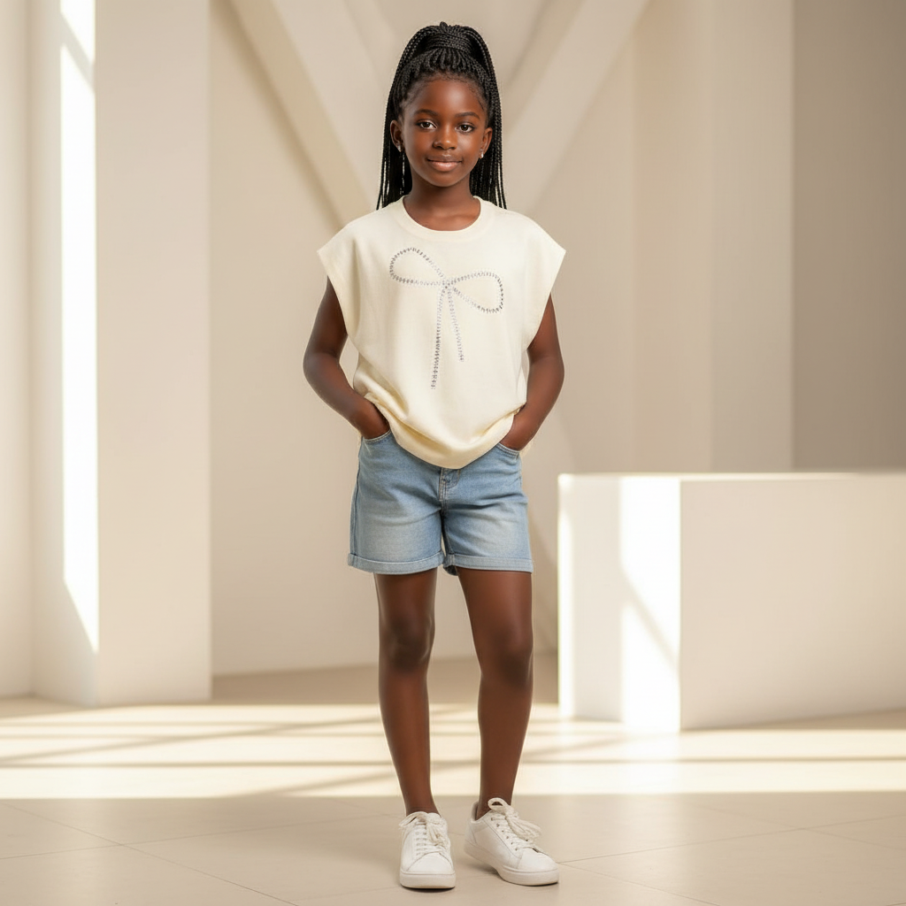 Girls Rhinestone Bow Sleeveless Top – Model Shot