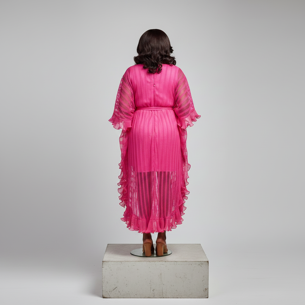 Nigerian female model back view - hot pink pleated ruffle cascade dress