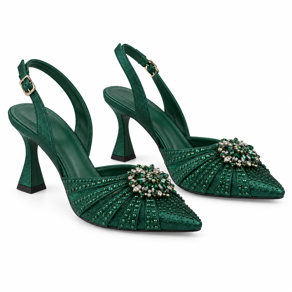 Crystal Brooch Embellished Slingback Heel – Green