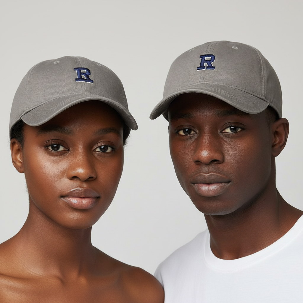 Nigerian female and male models wearing muted grey R letter embroidered dad cap – head shot
