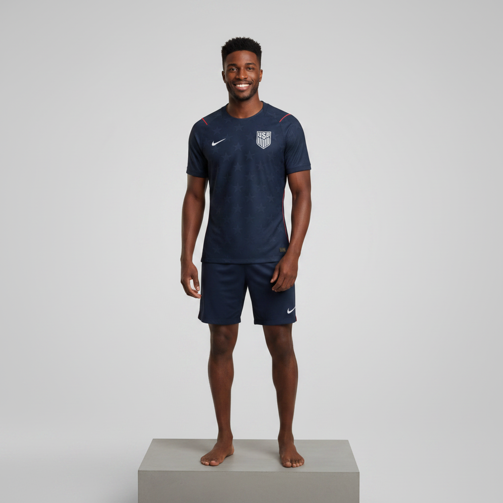 Nigerian male model full body wearing navy red away football jersey with navy shorts on concrete plinth