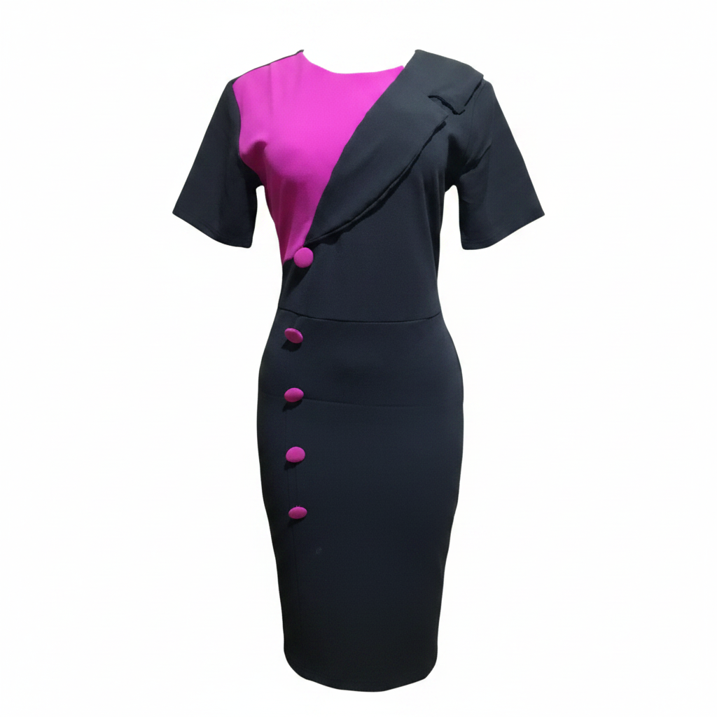 Ghost mannequin view of Women's Charcoal & Fuchsia Two-Tone Flap-Detail Short-Sleeve Bodycon Midi Dress