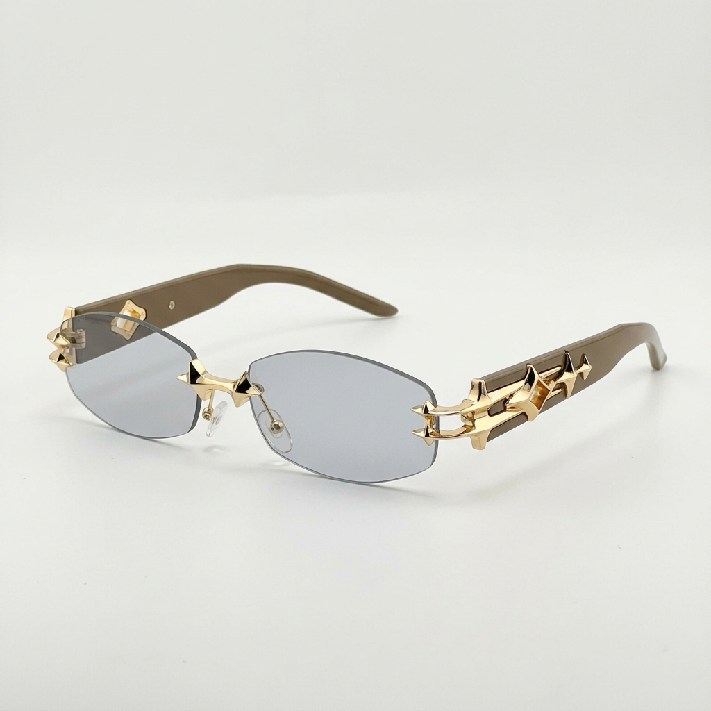 Light smoke rimless glasses with gold-tone link details and taupe-brown arms