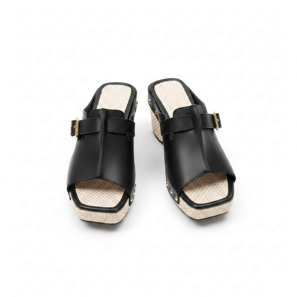 Women's Buckle-Strap Raffia Wedge Mule - Black Ghost Mannequin