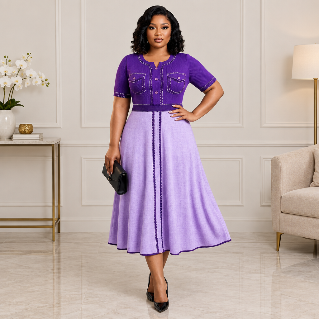 Adult Black woman wearing two-tone purple flared dress