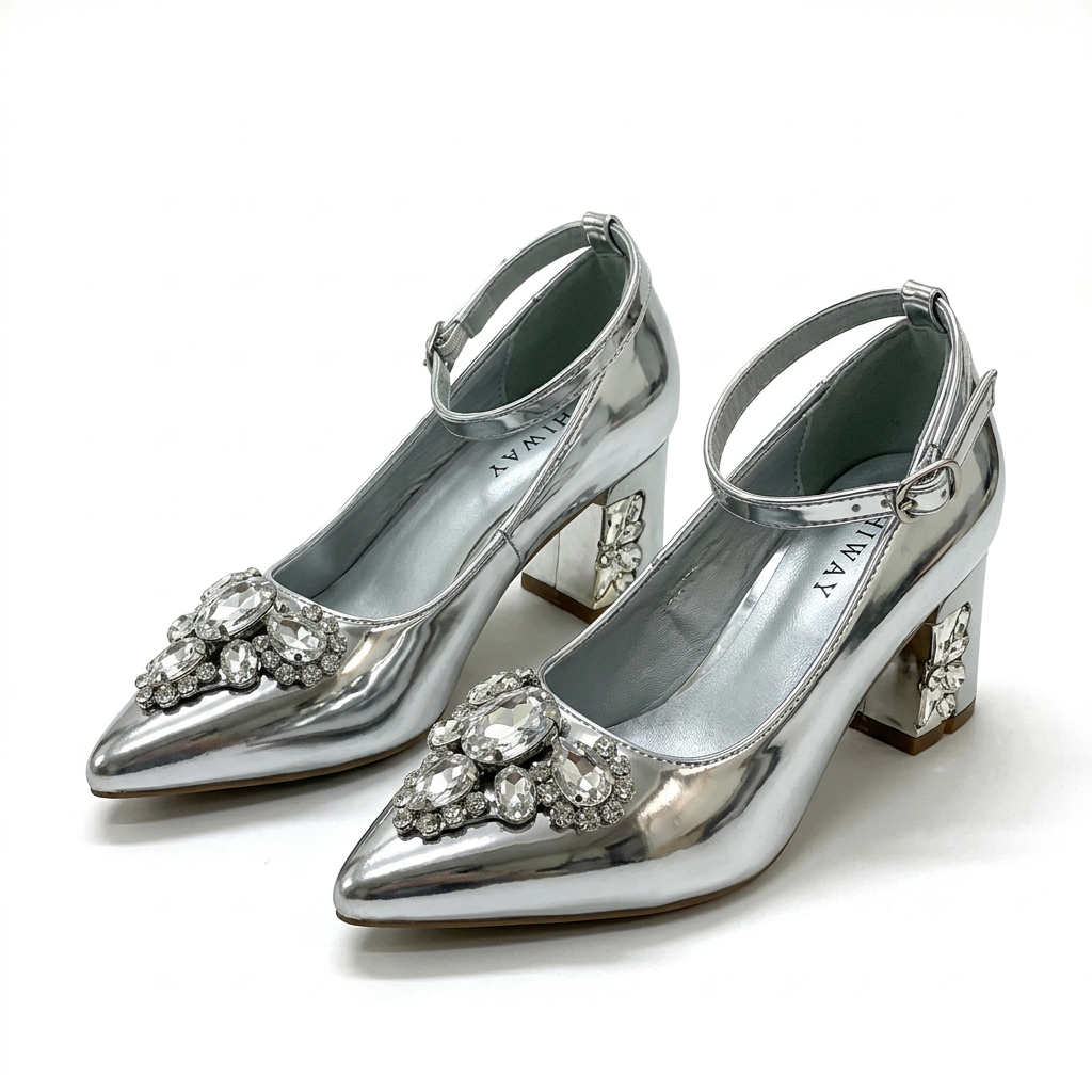 Matching silver jewel-cluster ankle-strap block heels together