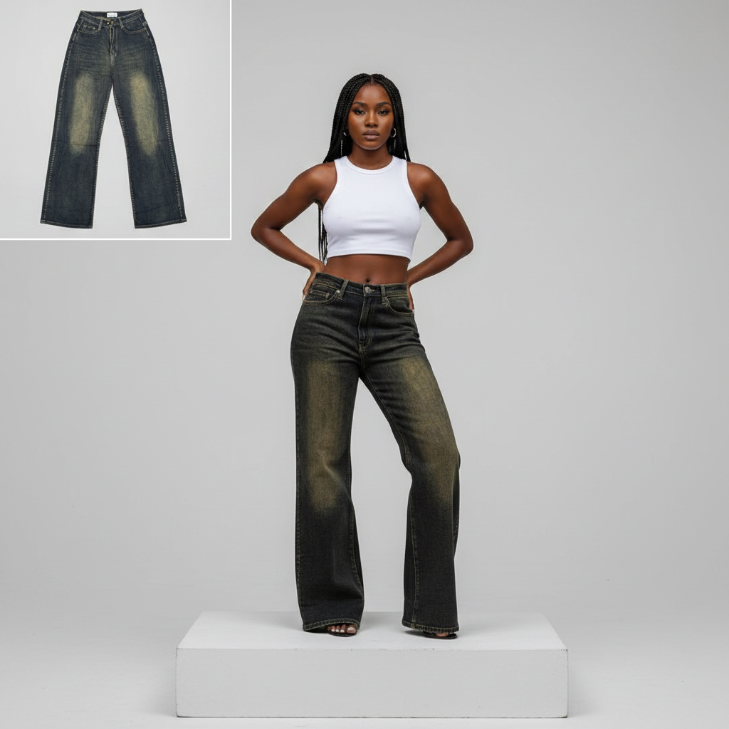 Dark Vintage Wash Wide-Leg Flare Jeans – Front Model