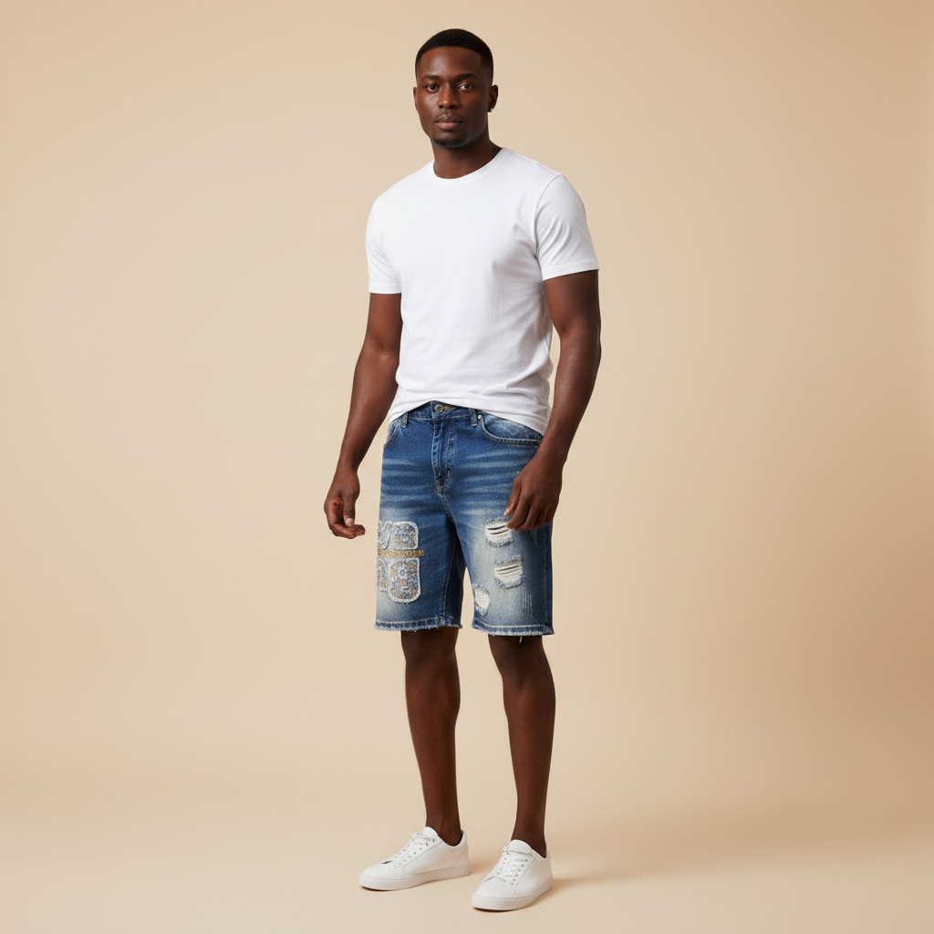 Man wearing blue distressed denim shorts with a white t-shirt