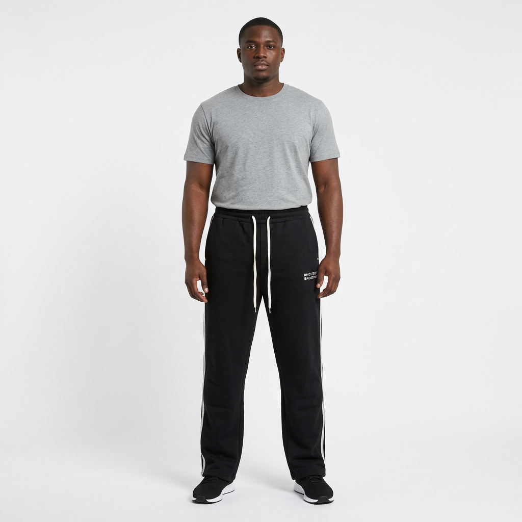Adult Black model wearing black joggers with white side stripes and drawstrings