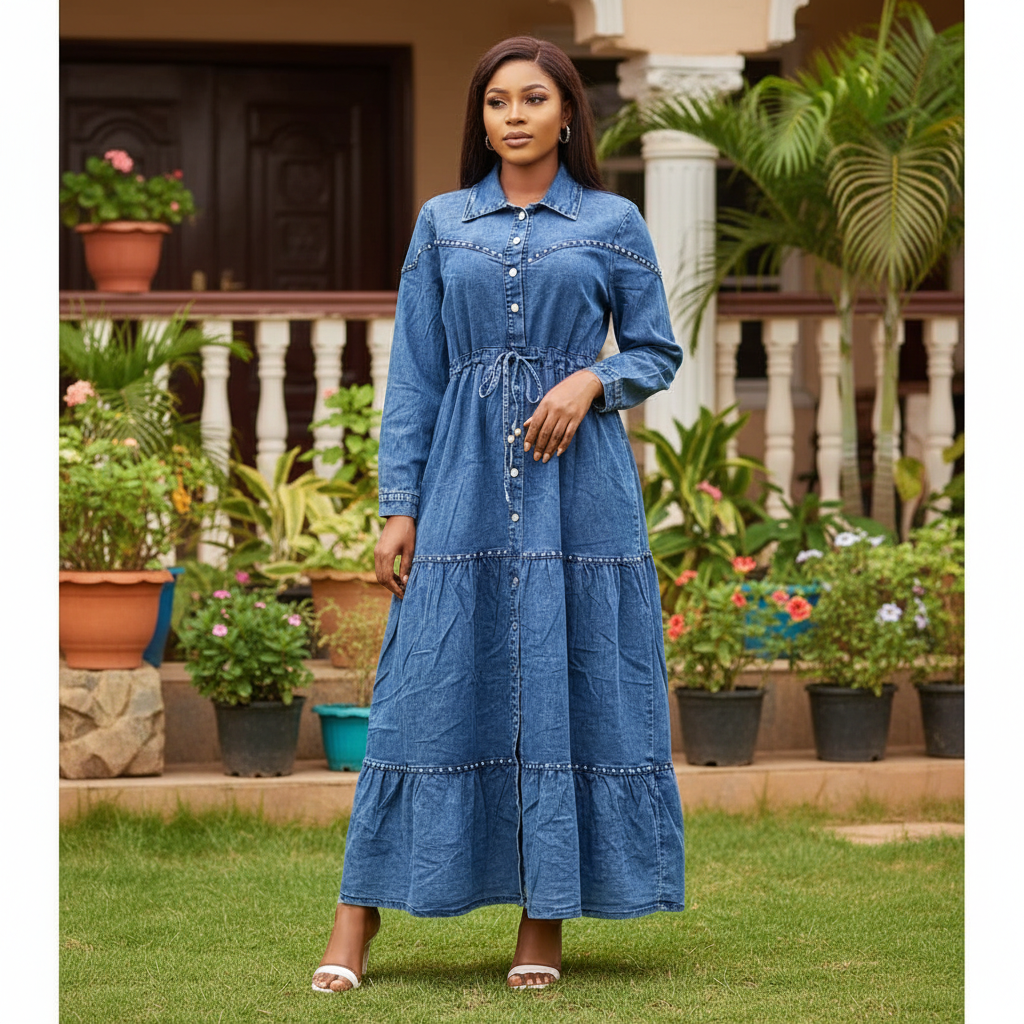 Women's acid wash denim blue long-sleeve crystal stud trim tiered maxi dress - model shot
