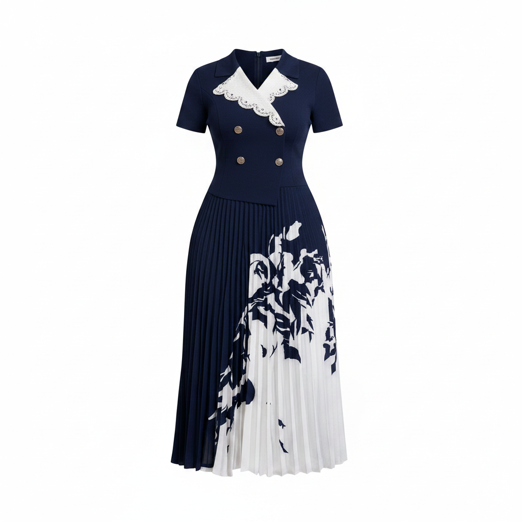 Women's navy blue botanical print lace collar pleated midi gown – ghost mannequin front view