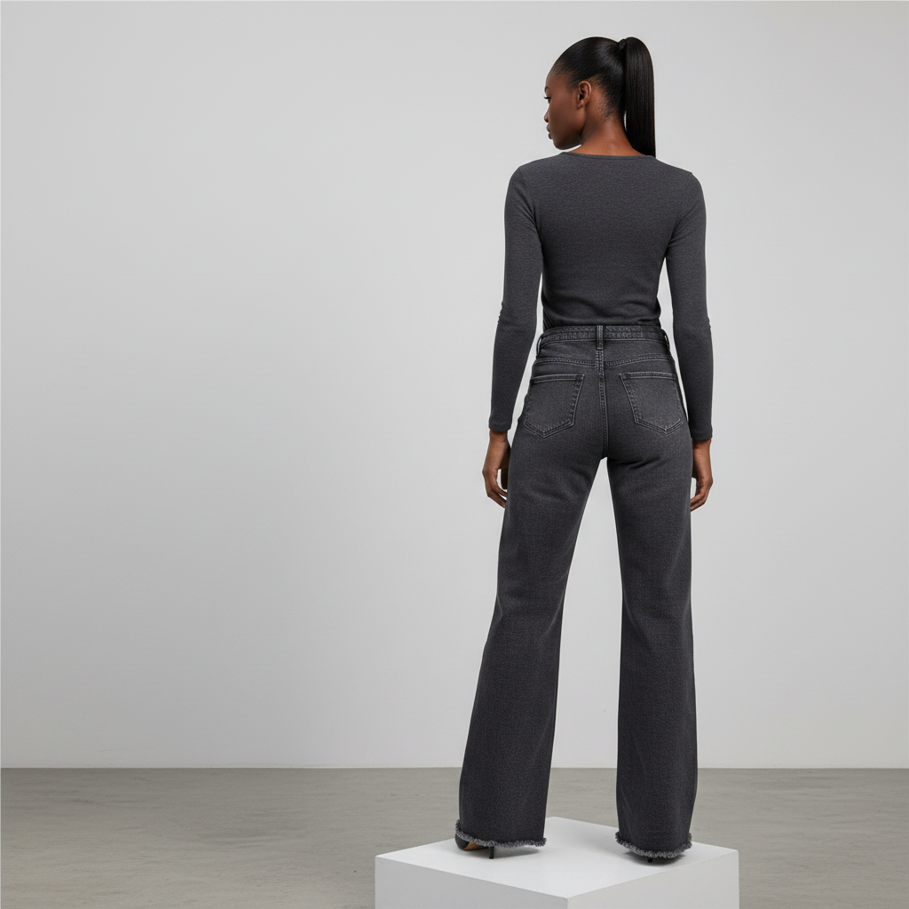 Charcoal High-Rise Wide-Leg Straight Denim Jeans - Model Back