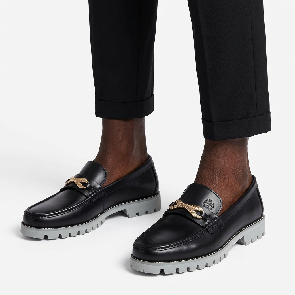 Black gold-tone hardware loafers worn on both feet by a Black male model on a white studio background