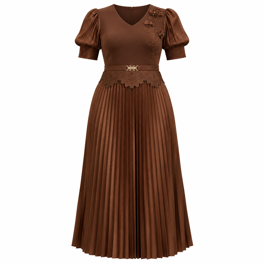 Chocolate brown floral pleated occasion dress on white background