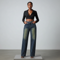 Navy All-Over Rhinestone Vintage Fade Wide-Leg Denim Jeans - Model Front