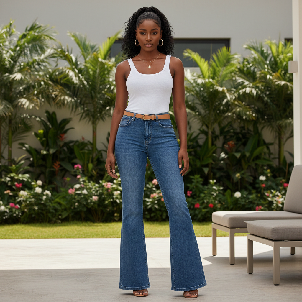 High-Waist Boyfriend Blue Denim Jeans - Model Front View