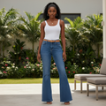 High-Waist Boyfriend Blue Denim Jeans - Model Front View