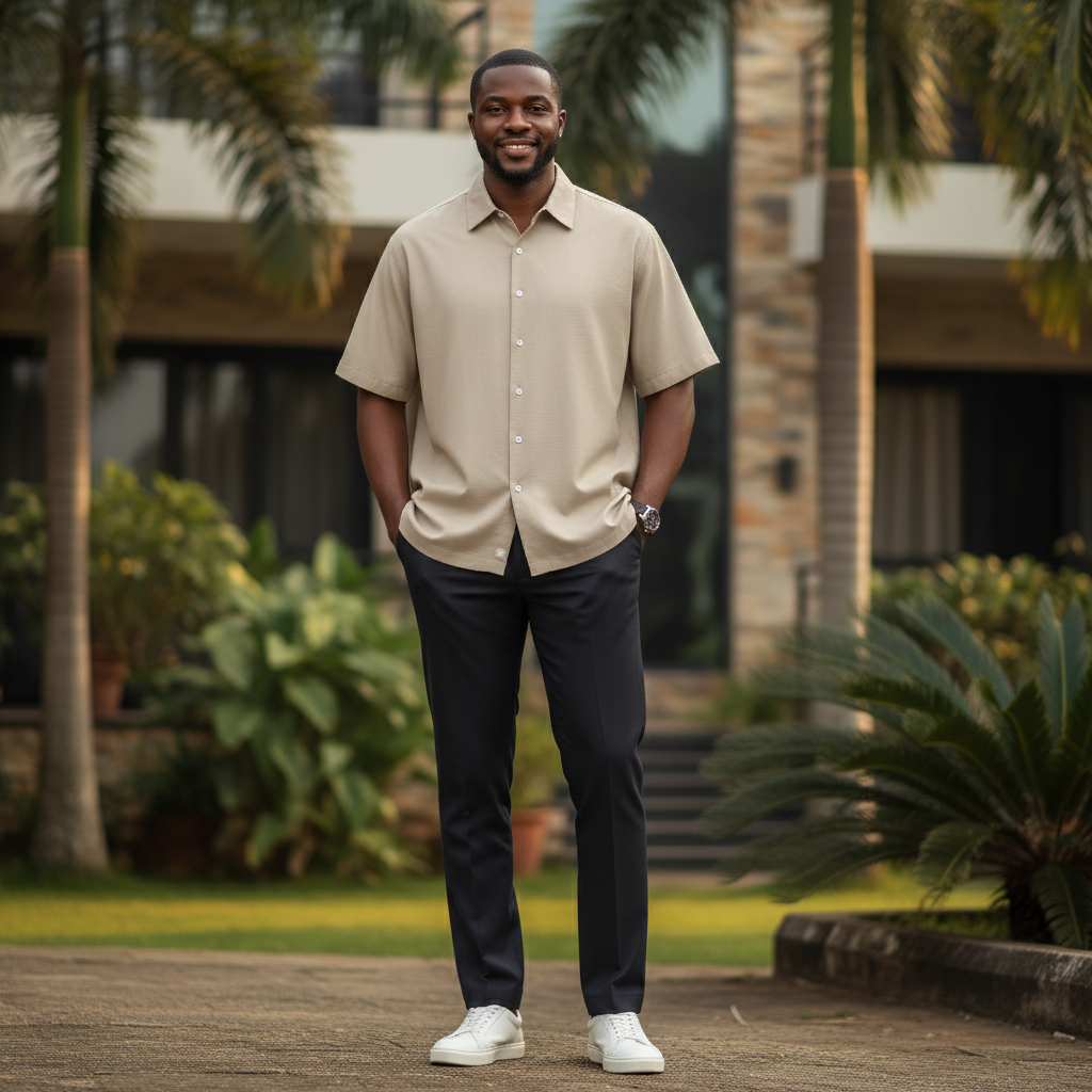 Nigerian male model wearing Sand Beige Short Sleeve Shirt front view