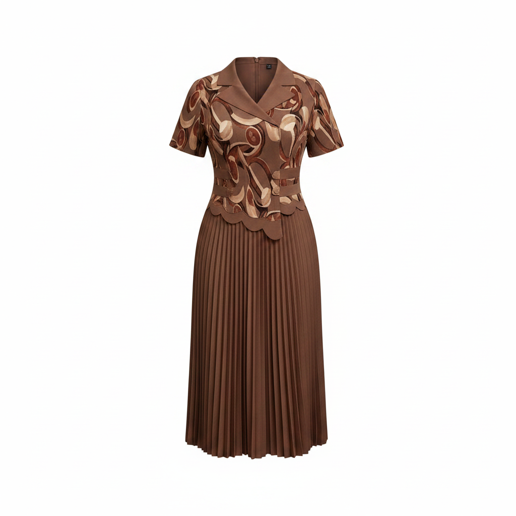 Women's chocolate brown gold 3D floral appliqué pleated midi dress ghost mannequin front view