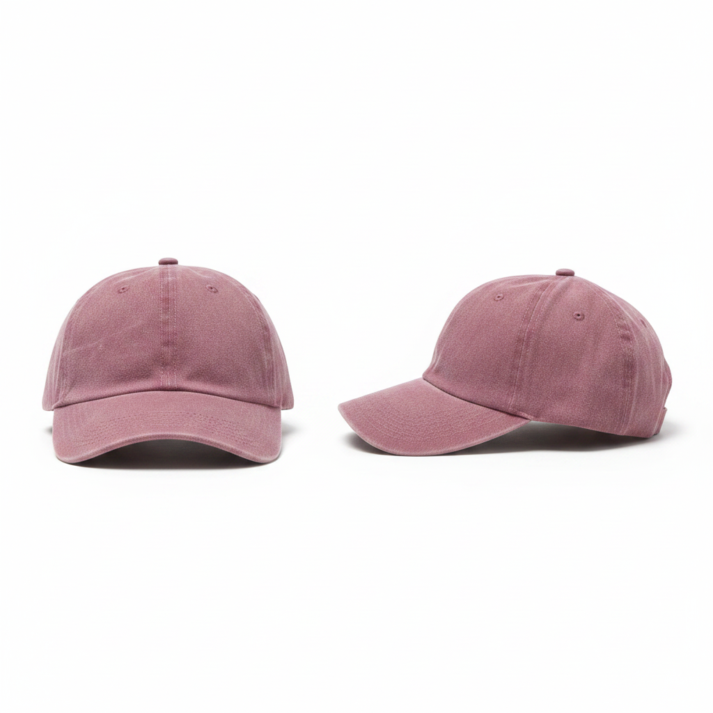 Dusty rose pink washed cotton dad cap ghost mannequin front and side view