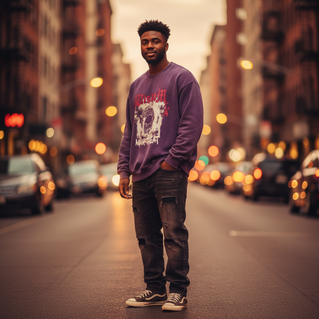 Nigerian model wearing Wisdom Minor Threat Purple Paint Stroke Crewneck Sweatshirt