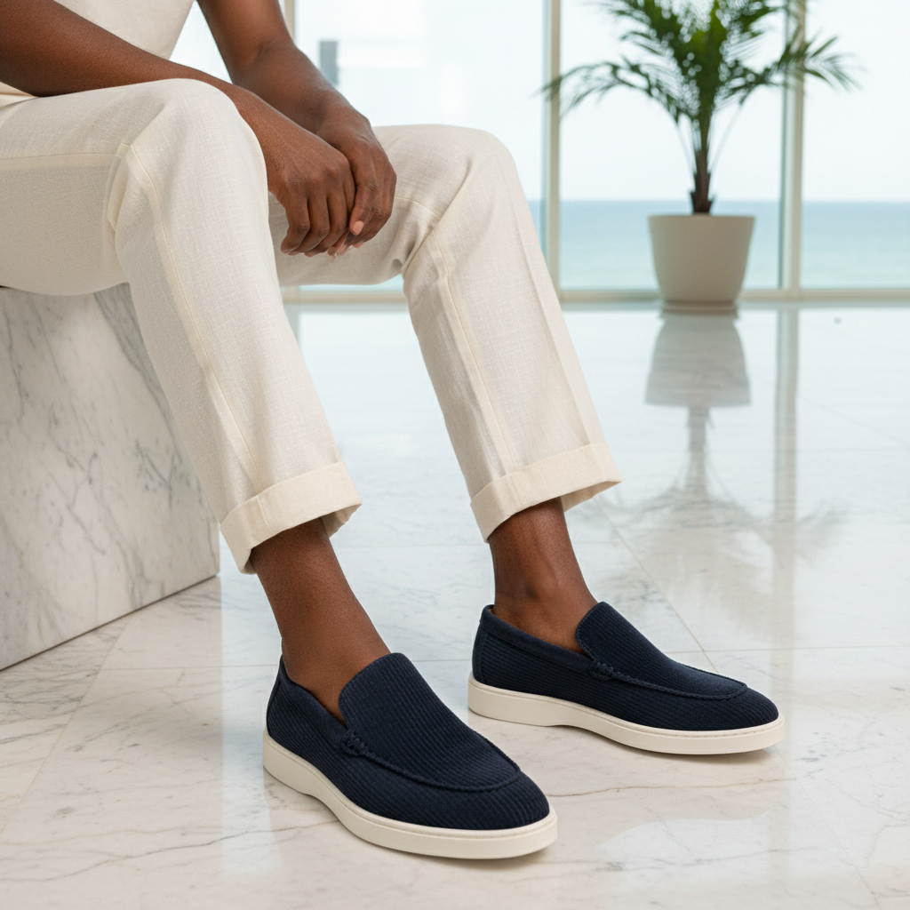 Navy Ribbed Suede Slip-On Loafer - Model Shot