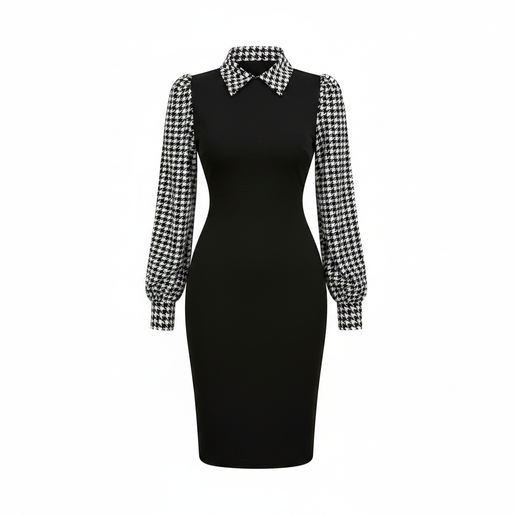 Ghost mannequin view of women's black and houndstooth colour-block bodycon midi dress
