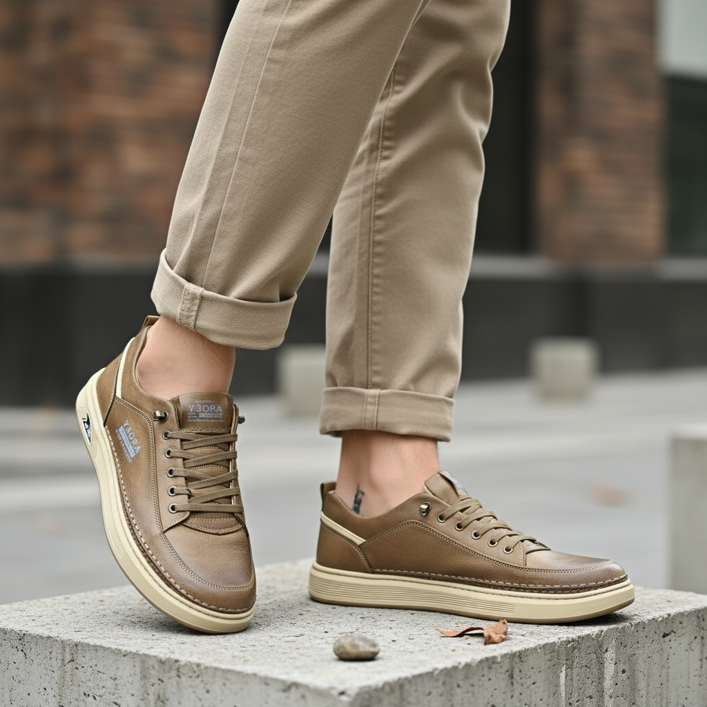 Model wearing khaki washed leather lace-up casual sneakers leg shot