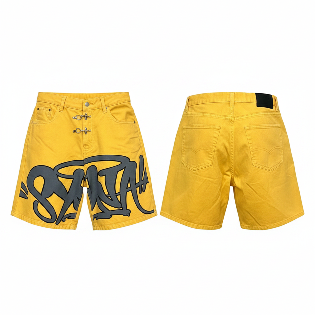 Men's yellow graffiti tag print clasp hardware denim shorts ghost mannequin front and back view